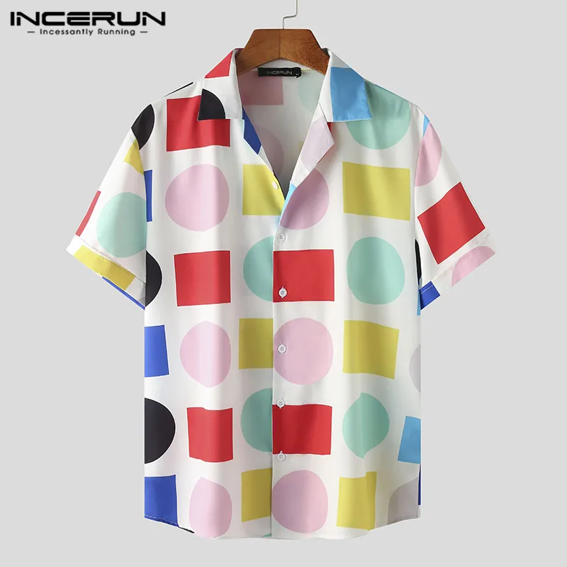 

INCERUN Summer Men Hawaiian Shirt Colorful Printing Lapel Short Sleeve Blouse Streetwear Button 2021 Casual Camisa Masculina 5XL