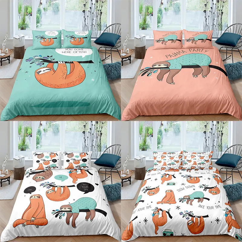 

ZEIMON Cartoon Sloth 3D Bedding Set Kids Boys Baby White Duvet Cover King Queen Size Printing Bed Set Home Textiles Bedclothes