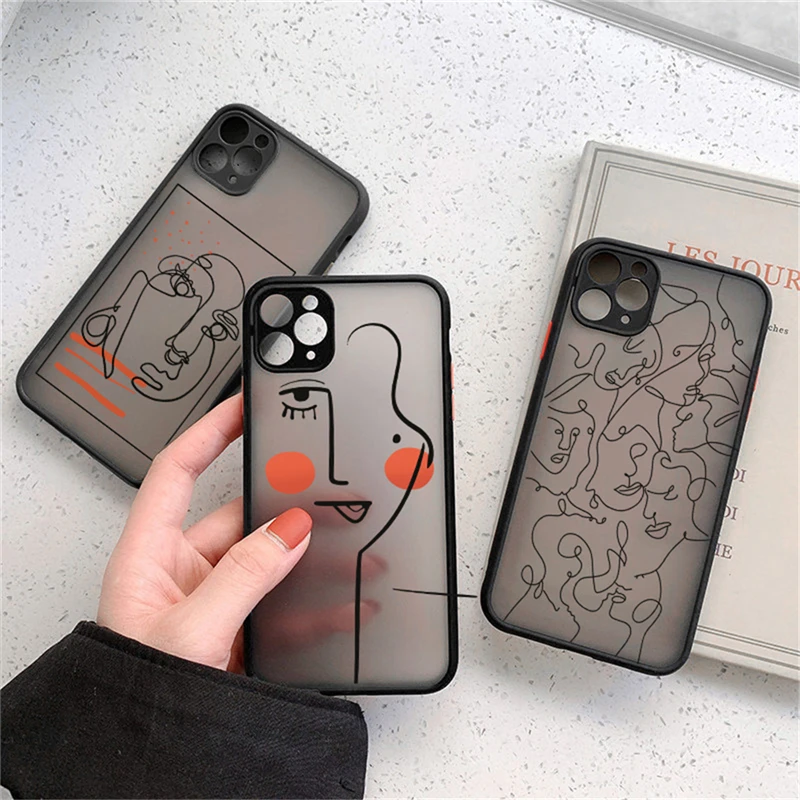 

Art Portrait Line Matte Phone Case For iPhone 13 12 11 Pro Max XS Max 7 8 Plus X XR SE 2020 12 Mini Cute Camera Protection Cover