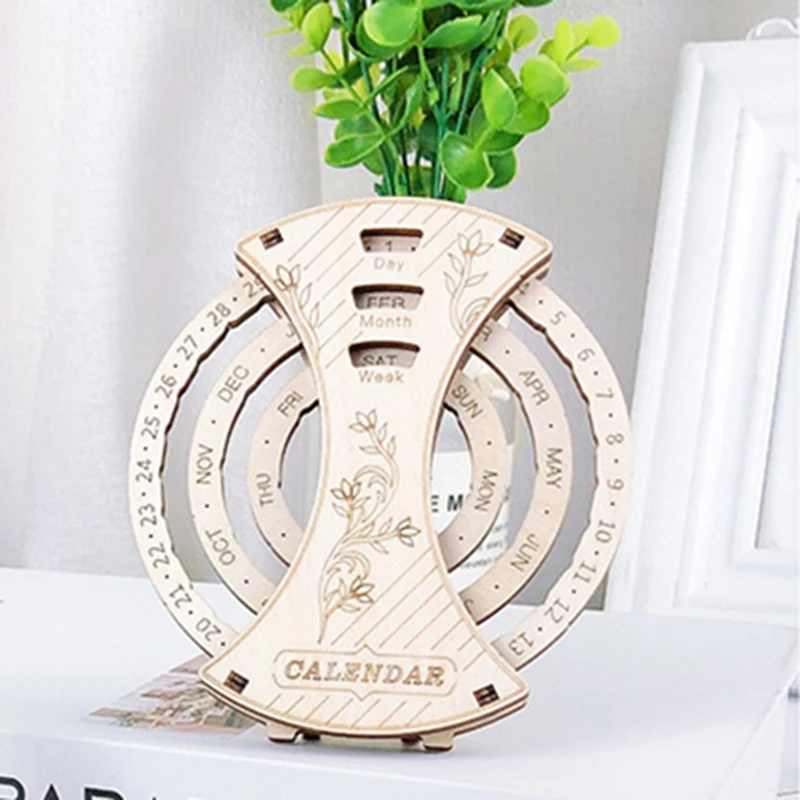 

Wooden Perpetual Calendar Puzzle Toys DIY 3D Puzzle-model Building Kits Circular Hand-carved Offices Homes Decor JR Deals