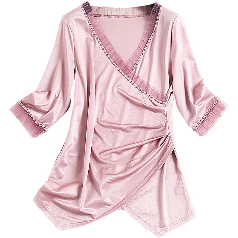 

Women mesh ruffles asymmetric tops t-shirts spring summer 2021 fashion V-neck beading tee purple white black