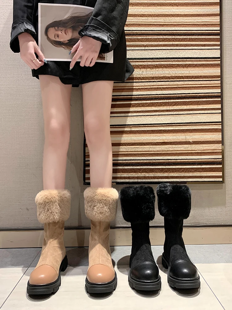 

Зимние сапоги с мехом, австралийская Фирменная женская обувь на молнии сзади, сапоги на платформе с круглым носком, женские плюшевые сапоги ...