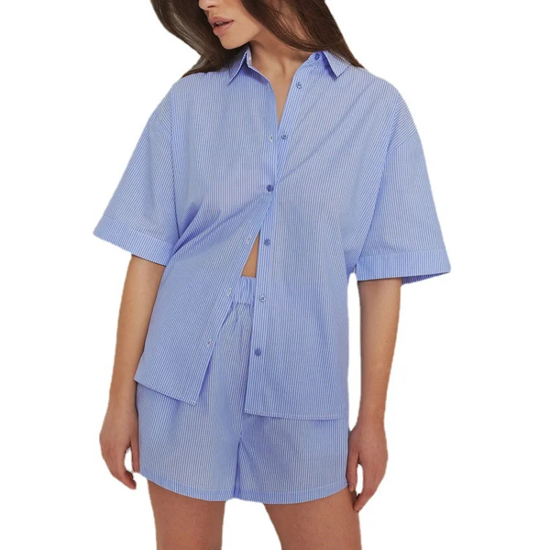 

Two Piece Set with Shorts Womens Shirt and Shorts Set Fashion Striped Shirt Office Ladies Vintage Suits Female Spring Clothes