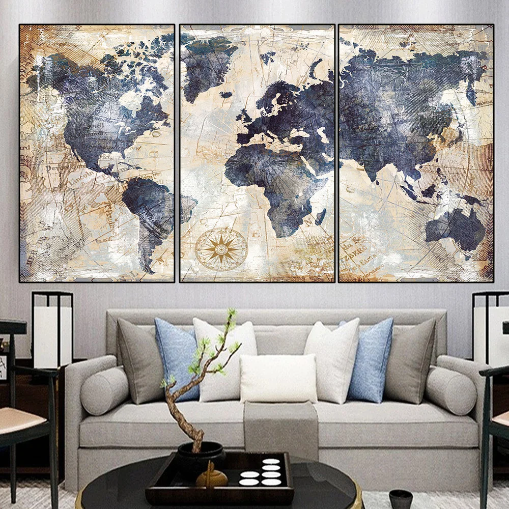 

Modular 3 Panels Watercolor Scandinavian Cuadros Posters Prints World Map Canvas Painting Wall Art Pictures For Living Room Deco