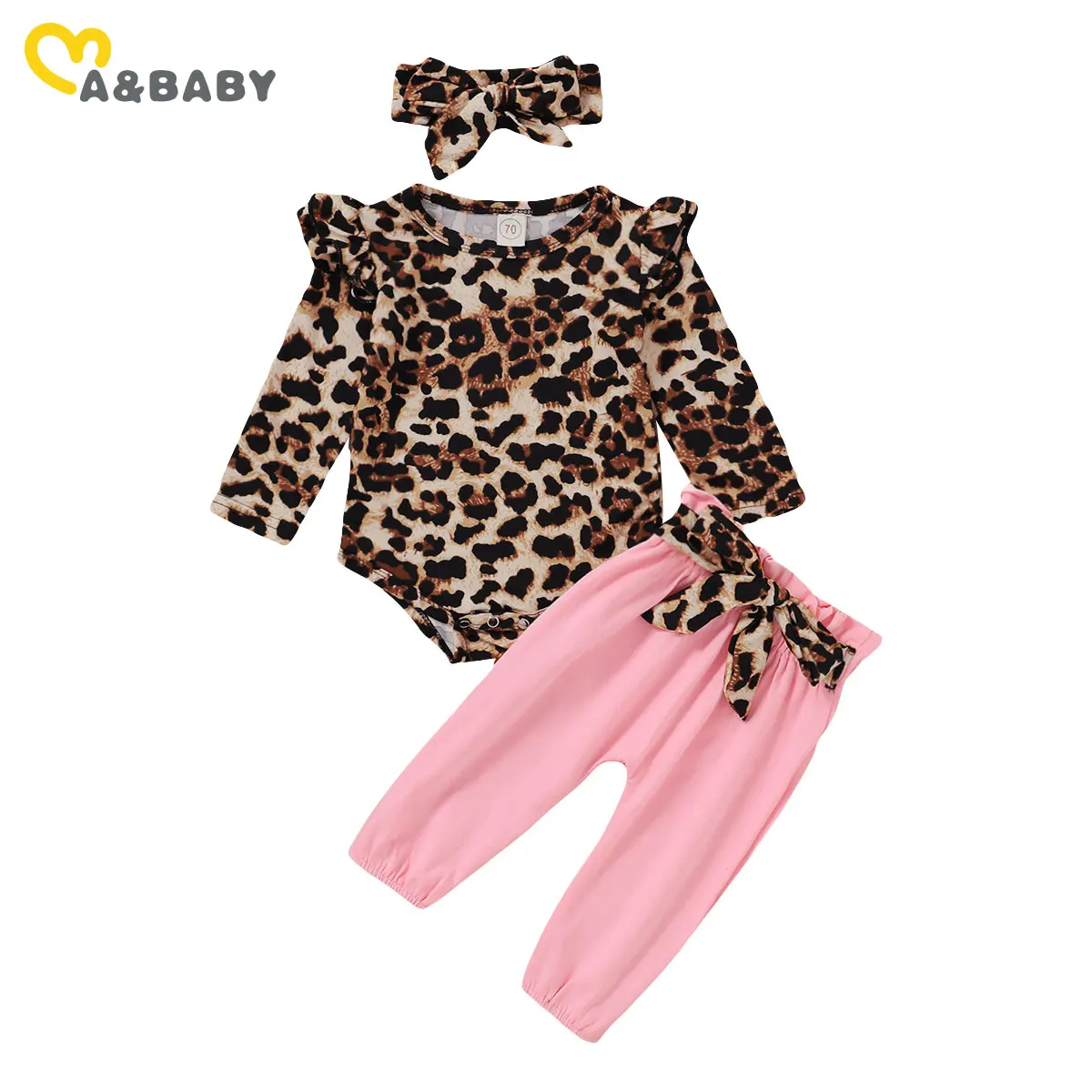 

Детский Леопардовый Костюм Ma & Baby, комбинезон с длинным рукавом и оборками, штаны с бантом для новорожденных девочек 0-18 месяцев, осенний кост...