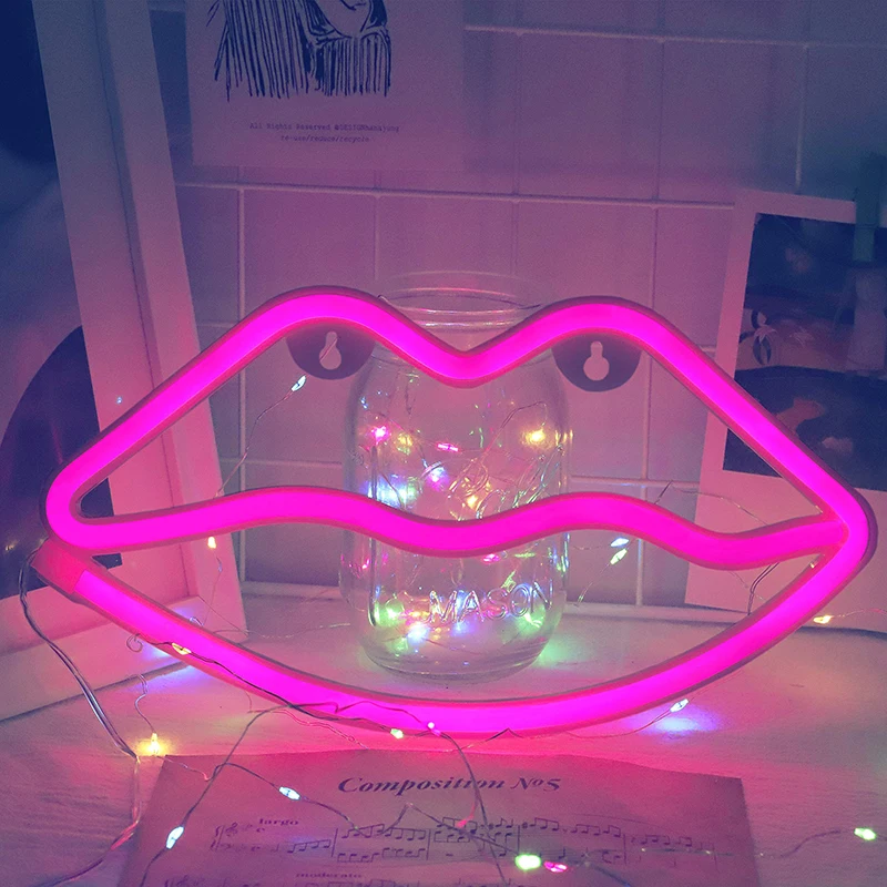 Фото Розовые неоновые вывески в форме губ светодиодные безопасные настенные