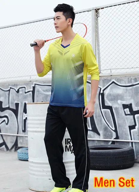 yellow men set High Quality Women& Men Long Sleeve Tennis Shirts Pants Tracksuits Autumn Badminton Set Table Tennis Uniform Sports Kit Custom - Цвет: yellow men set