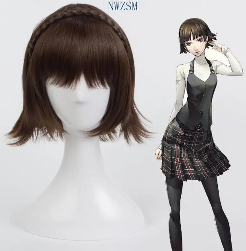 

Парик для косплея Persona 5 Makoto Niijima из смешанных коричневых волос с тесьмой и шапочкой