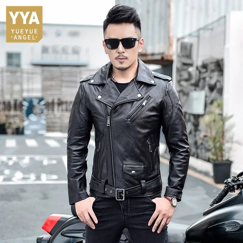 

Genuine Leather Mens Short Slim Biker Jacket Zipper Pockets Turn-Down Collars Natural Cowhide Streetwear Plus Cashmere Coat
