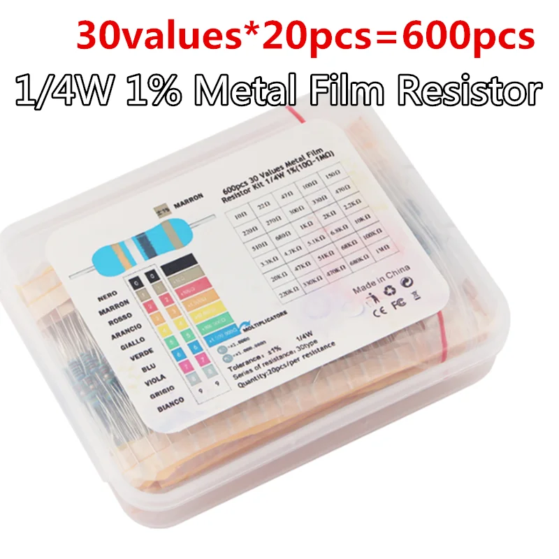 Набор металлических пленочных резисторов 10-1 м, 30 значений X 20 шт. = 300 шт., 1/4 Вт, набор резисторов 1%, комплект резисторов в ассортименте комплек...