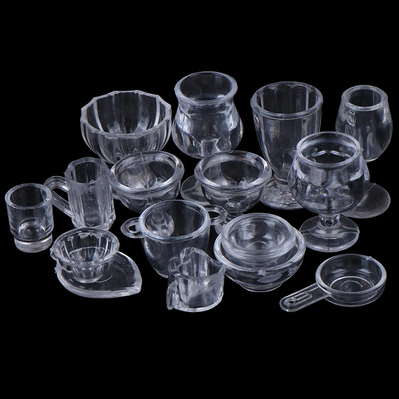 17Pcs/Set Mini Transparent Kitchenware Toy Drink Cups Dish Plate Tableware Miniatures DIY Pretend Play 1:12 Dollhouse