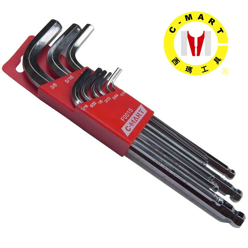 

C-Mart 9pc Ball Point Hex Key Wrench Long Arm Allen Key Set Inner Hexagonal Wrenches CRV Hexagon Spanners Metric English System