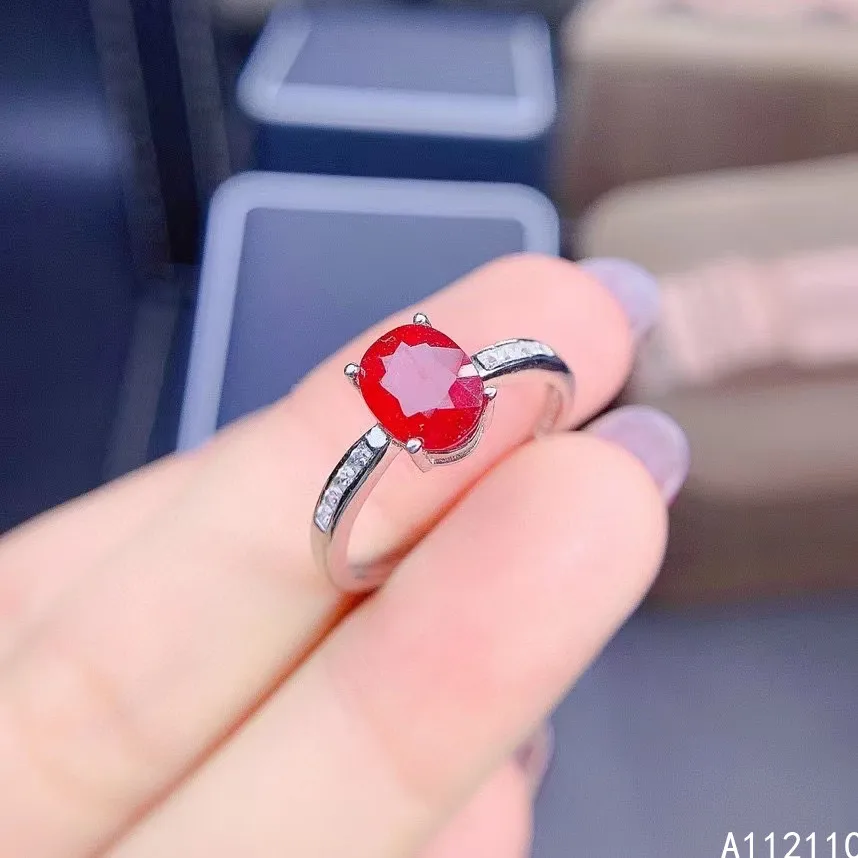 

Fine Jewelry 925 Sterling Silver Inset With Natural Gemstone Women's Popular Fashion Oval Ruby Adjustable Ring Support Detection