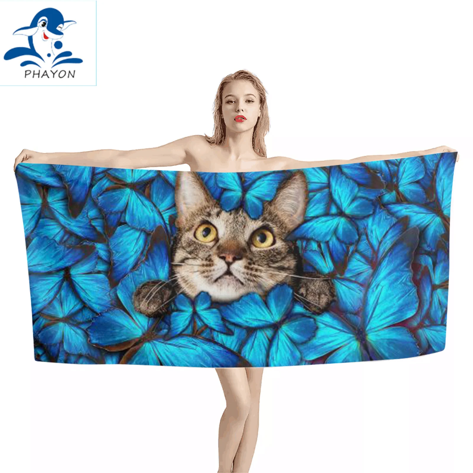 

PHAYON Bedding Outlet Bath Towel Bathroom Microfiber Cartoon Cat Beach Towel Animal Kids Teen Shower Towel Summer Blanket