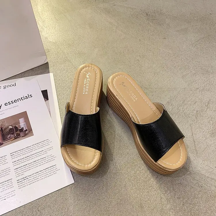 

Slippers Women Summer Shoes Pantofle Platform Slides Fashion Low On A Wedge 2021 Luxury Soft Rome Rubber PU Hoof Heels Fabric
