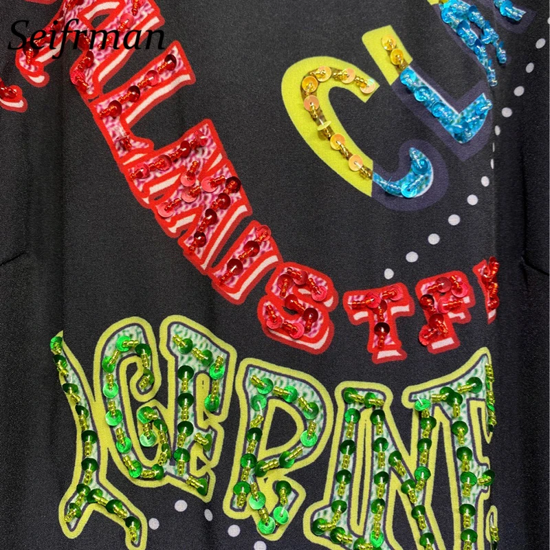 

Seifrmann Women Summer Fashion RunwayParty Midi Dress Ruffles Sashes Sequined Beading Flare Sleeve Print Ladies A-Line Dresses