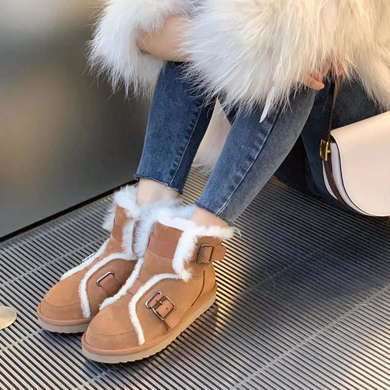 

Aiyoway Real Leather Women Snow Boots Warm Fur Winter Shoes Black Brown Plush Fashion Buckle Flat Heel Footwear Size 34-40