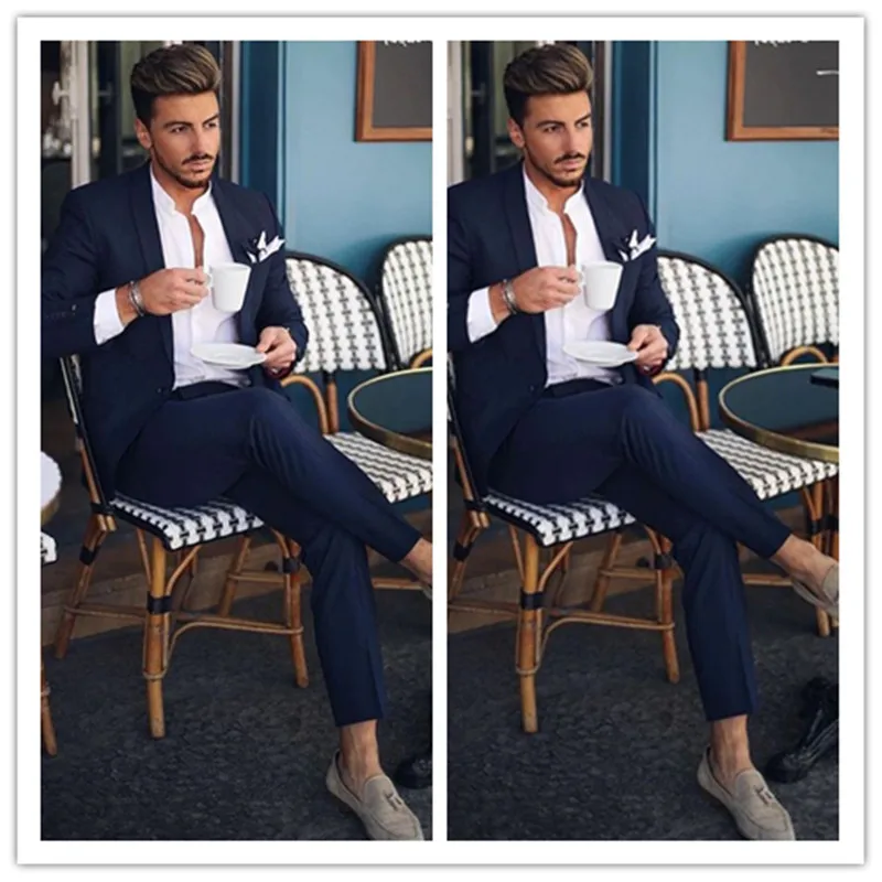 Новые модные темно синие смокинги для жениха из двух предметов классическая