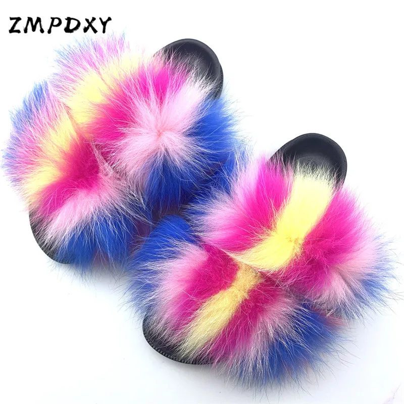 

Women's Real Fox Fur Slippers Fluffy Big Raccoon Hair Slides Women Outside PVC Plush Flip Flops Furry Shoes Ladies Flat Sandals