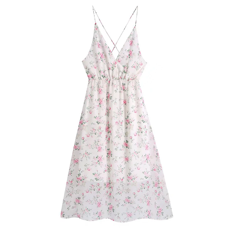 

YENKYE New 2022 Women Sexy Backless Floral Print Sling Long Dress Ladies V Neck A-line Holiday Summer Vestido Prairie Chic Robe