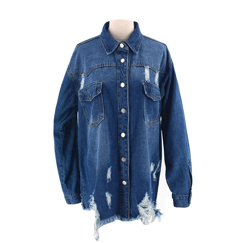 

2021 Europe and the United States Autumn and Winter Blue Hole Loose Women's Denim Jacket Long Hairline Fashion Personality Top