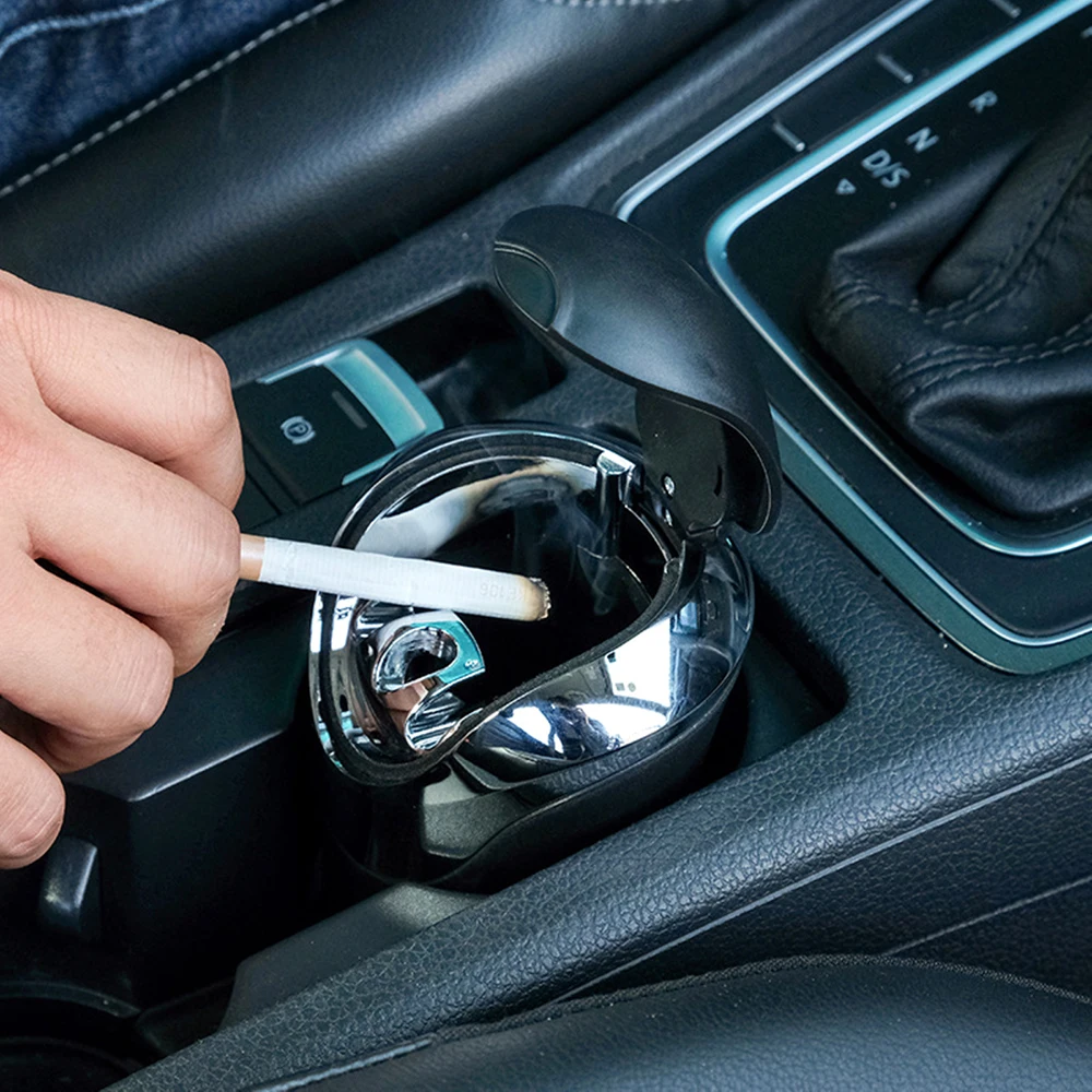 

AOZBZ ABS Stainless Steel Car Ashtray With LED Light 1PC Portable Auto Car Truck Clamshell Ashtray For Vehicle With Cup Holder