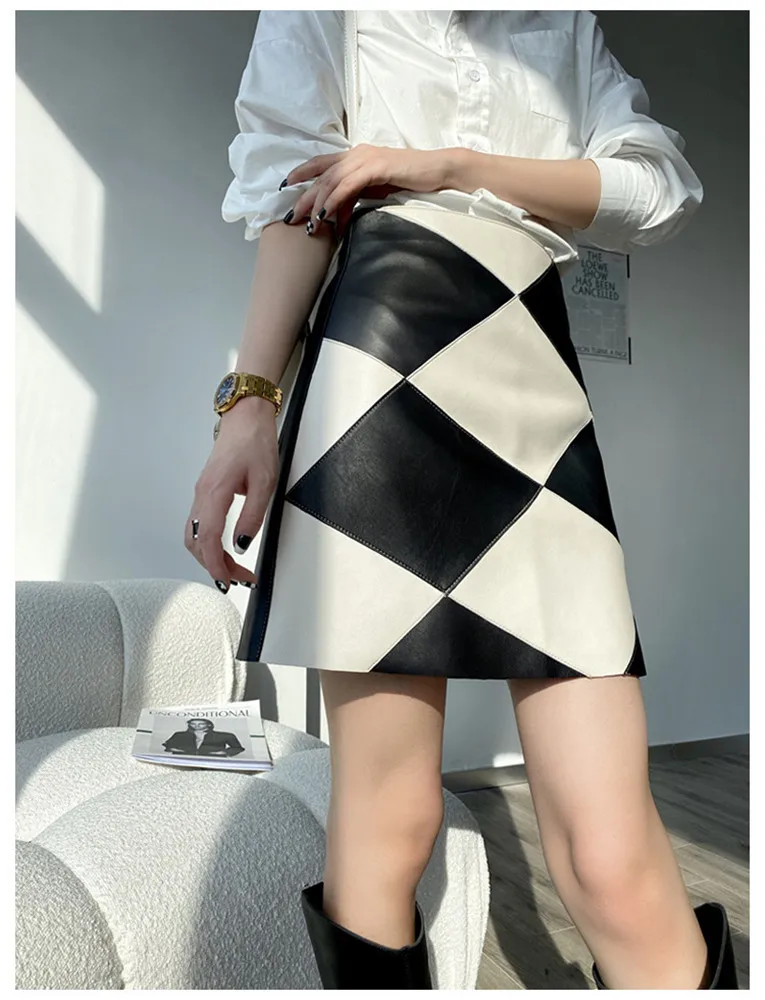 

Осенняя новая дизайнерская женская кожаная мини-юбка с высокой талией, популярная шикарная клетчатая юбка А-силуэта из натуральной кожи C970