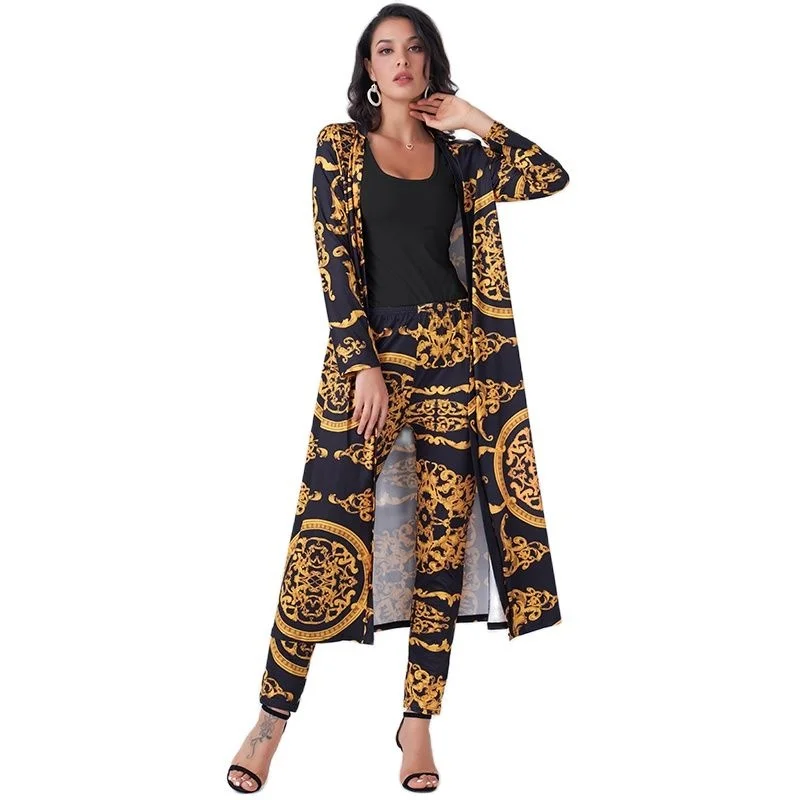 

New Summer Women 2 Pieces Set Vintage Print High Waist Elastic Pants Long Sleeve Open Front Coat Homewear Business Suit