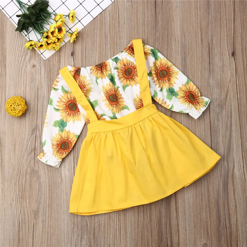 0-3 Years Baby Girls Clothes Set Sunflower Print Rompers White Yellow Sleeveless Strap Dress Suit Infant Outfits | Мать и ребенок