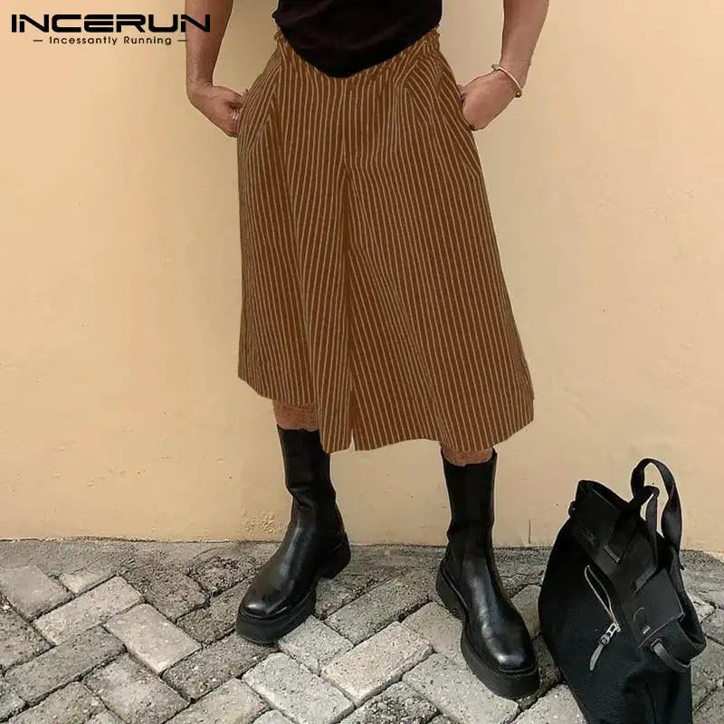 

INCERUN American Style Men Striped Wide-leg Pantalons Male Casual Streetwear Long Pants All-match Simple Cropped Trousers S-5XL