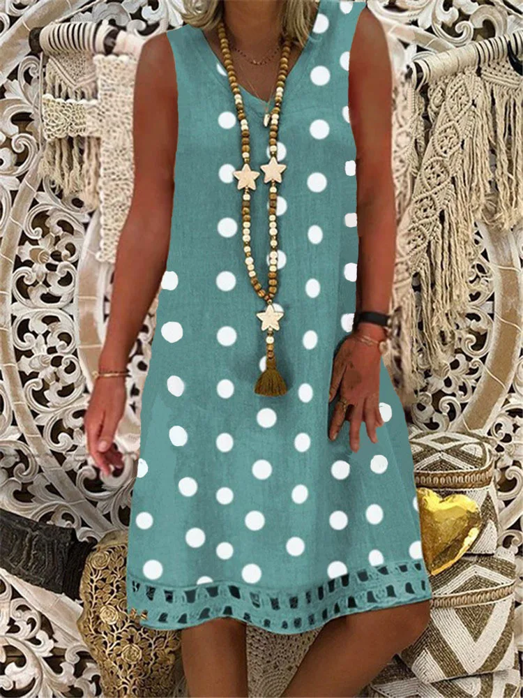 

Large size Women's Dresses Print Dot Sleeveless V-neck Dresses Boho Clothes Sundress Women Summer Casual Loose Dress Plus Size