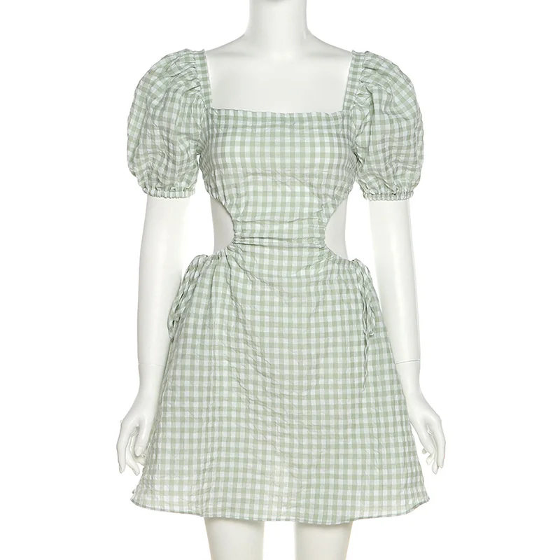 

Sexy Backless Women Mini Dress Hollow Out Puff Sleeve Lace-Up Plaid Dresses Women 2021 Summer Vintage Elegant Party Short Dress