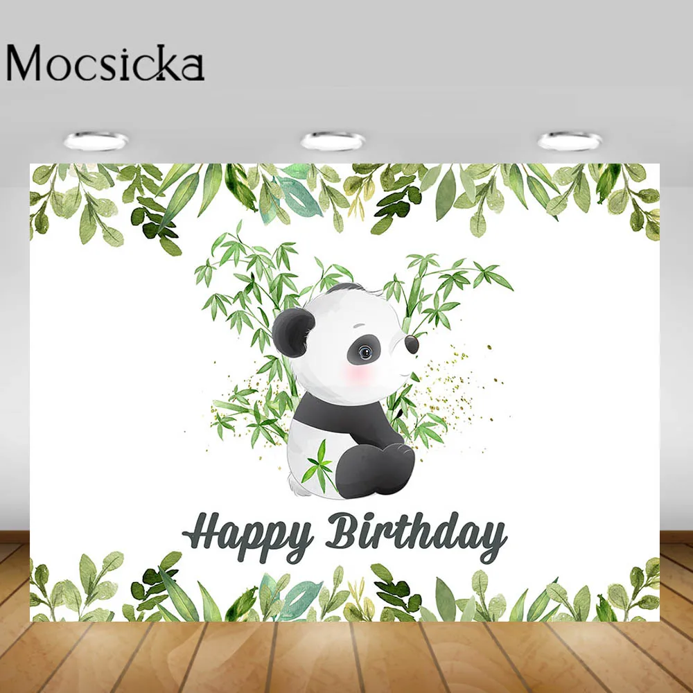

Mocsicka Panda Theme Happy Birthday Backdrop Green Leaves Bamboo Baby Birthday Cake Smash Party Photography Background Photocall