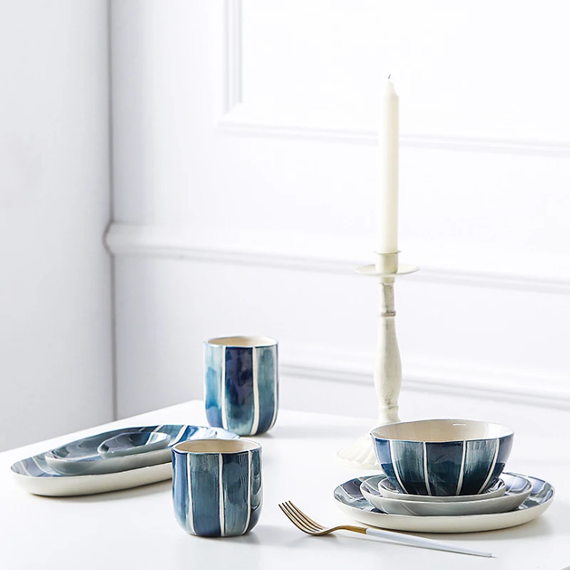 1 шт фарфоровые посуды с синими полосотными рисунками тарелка длиная чашка