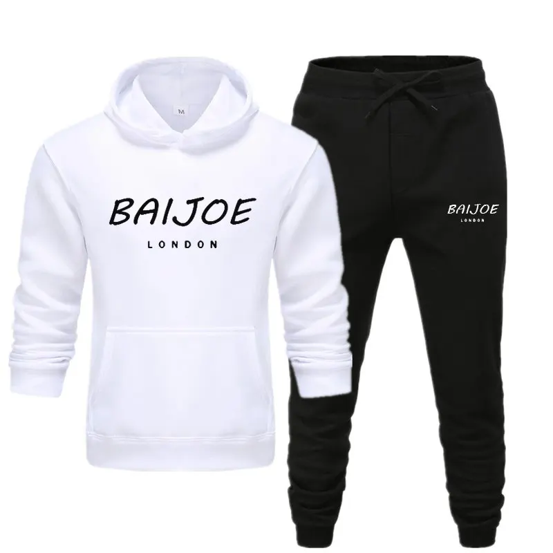 white black Новинка, спортивный костюм, модные мужские спортивные толстовки с капюшоном+ штаны, комплект из двух предметов, хлопковая флисовая толстовка, Спортивная Толстовка для бега - Цвет: white black