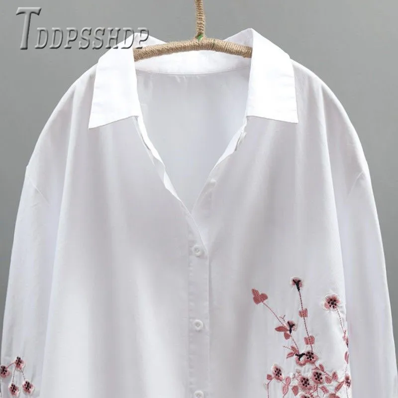 Женская хлопковая блузка с цветочной вышивкой размера плюс белые блузки новинка
