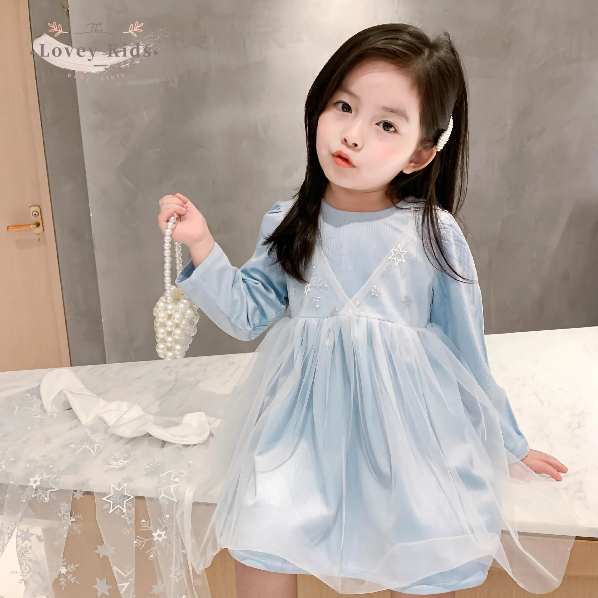 Осень 2020 платья для маленьких девочек 2 шт. с накидкой милая сетчатая пачка синее