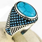 Мужское кольцо серебряного цвета с голубым геометрическим овальным камнем, размер 6-13