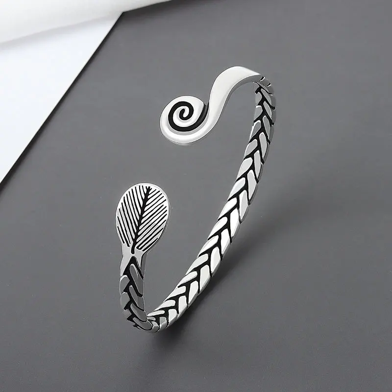

MEYRROYU Silver Color Popular Bracciale Leaf Weave Open Width Bangle Female Fashion Handmade Jewelry Party Customized 2021