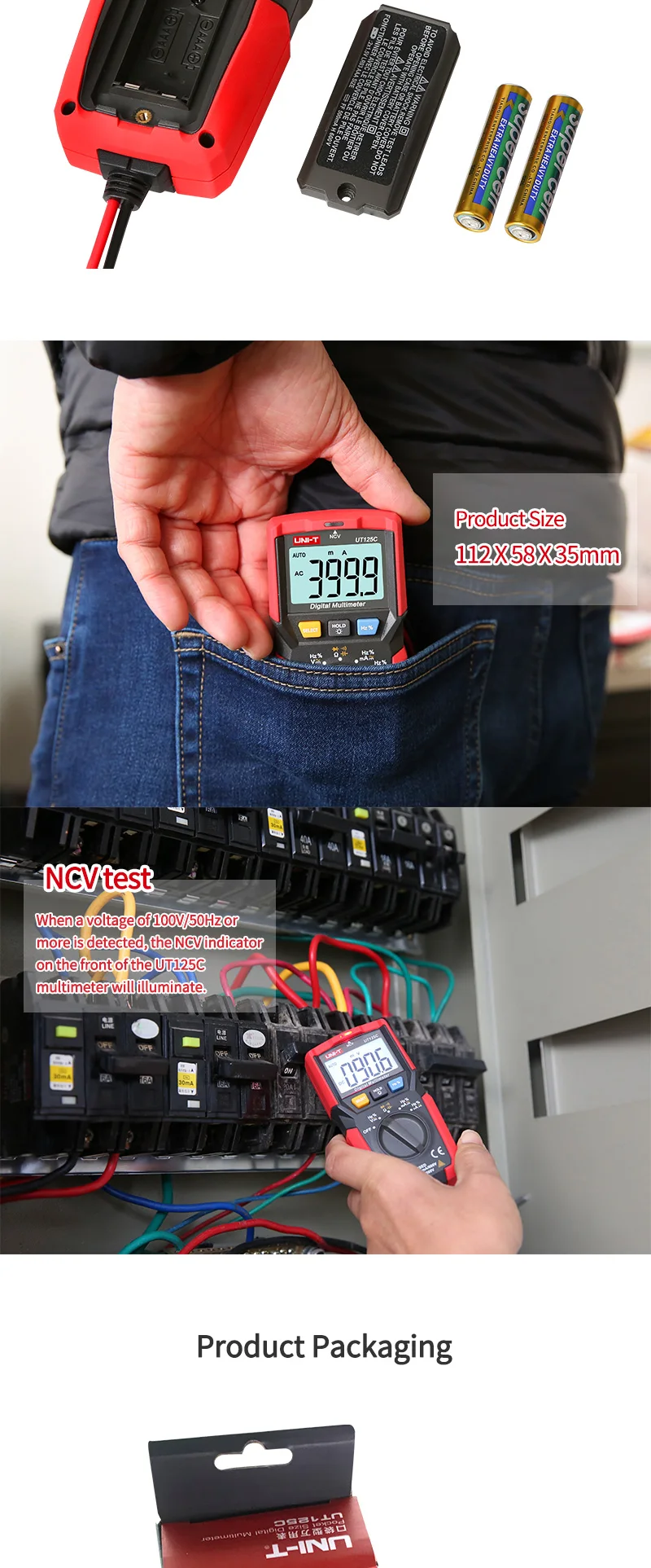 UT125C ручной карманный цифровой мультиметр AC / DC Тестер напряжения multimetro uni-t Amp Ohm Cap Hz NCV