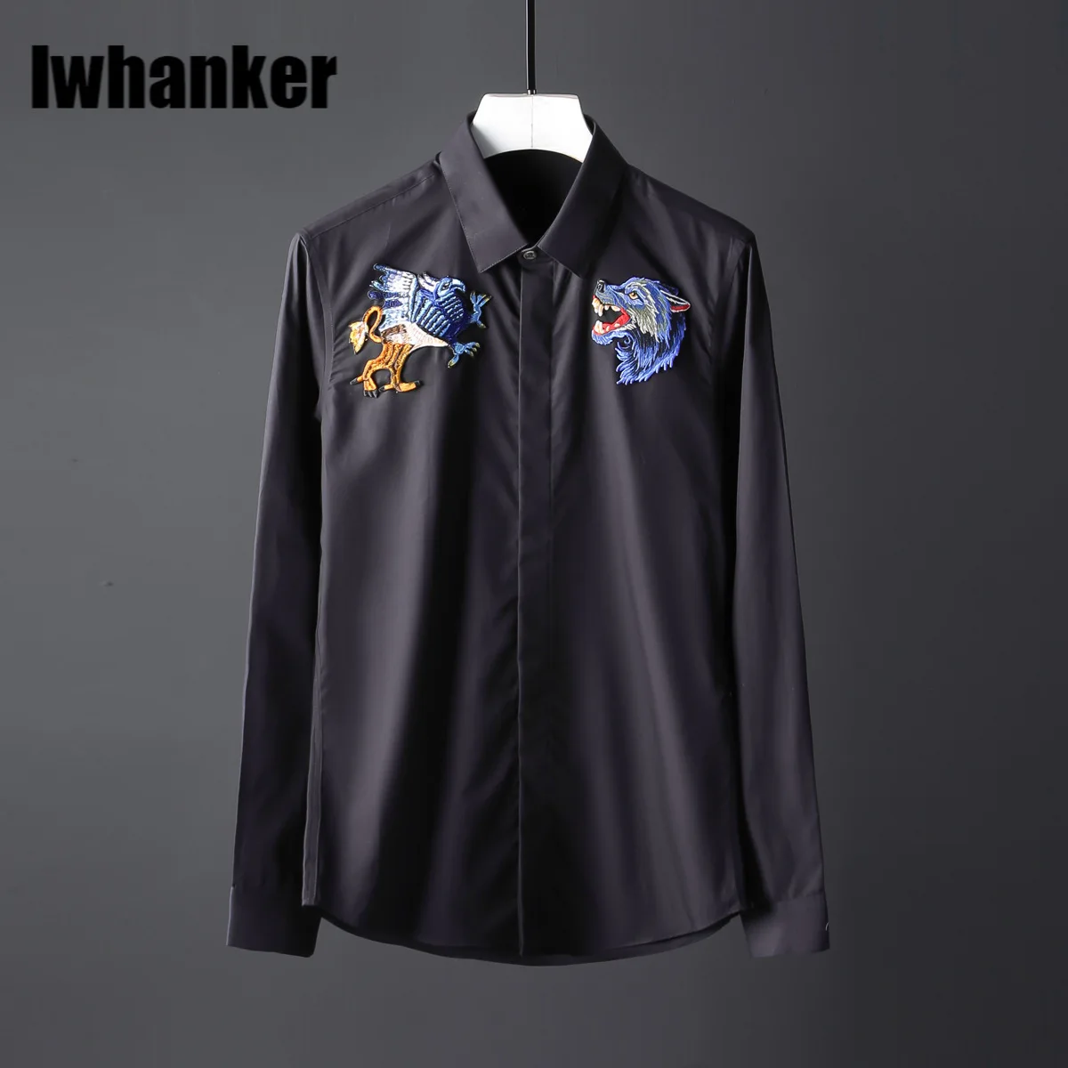 

Черная белая мужская футболка 100% хлопок Волчья Голова вышитые мужские рубашки с длинным рукавом Роскошные модные трендовые повседневные м...