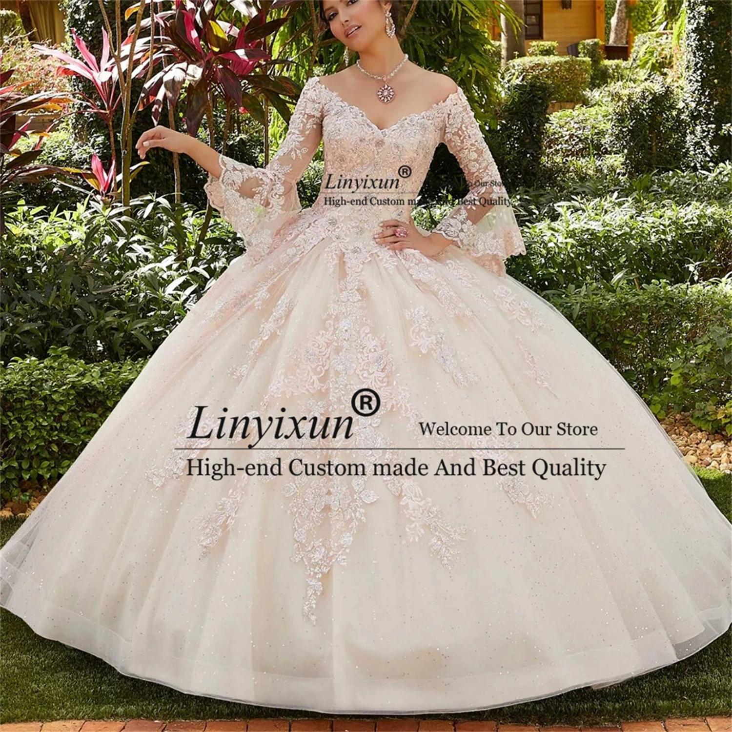

Exquisite Ball Gown Quinceanera Dresses 2021 Crystals Beads Appliques Vestidos De 15 Años V Neck Pruffy Sleeve Sweet 16 Dress