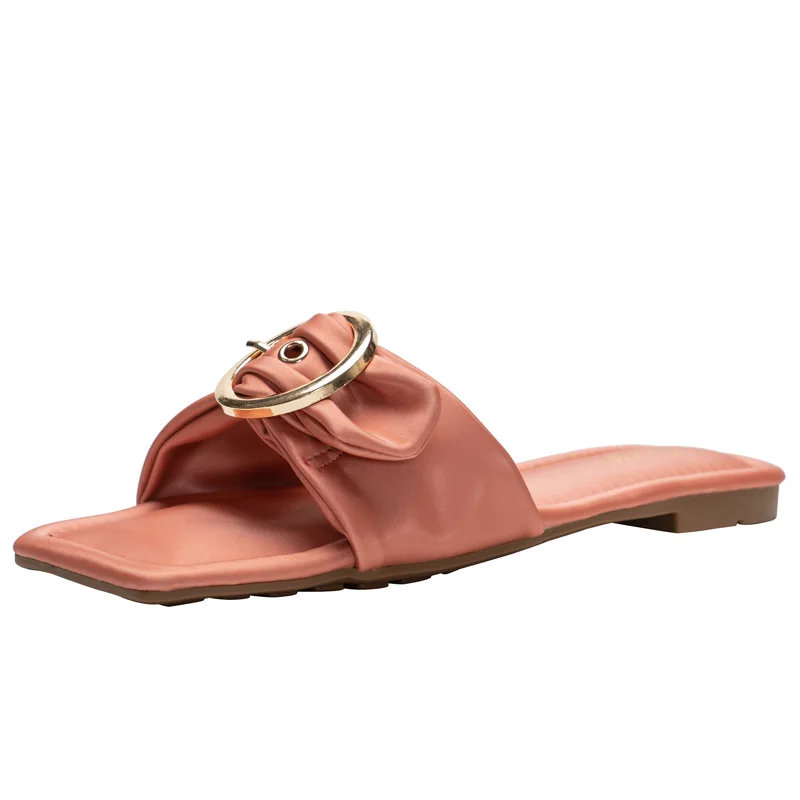 

Flat Shoes Female Ladies' Slippers Square Toe Luxury Slides Beige Heeled Sandals Rivet Designer Black Fabric PU Metal Decoration