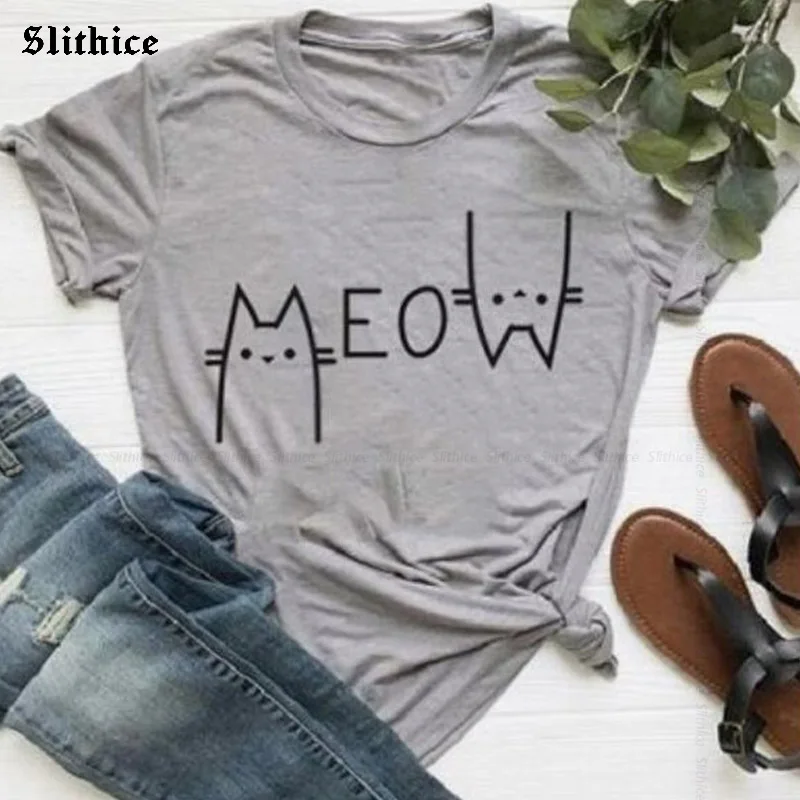 MEOW Kawaii Cat tshirt Graphic Print Casual Cute Girl t-shirt Gift top Streetwear Summer Women t-shirts Tumblr Black White tee