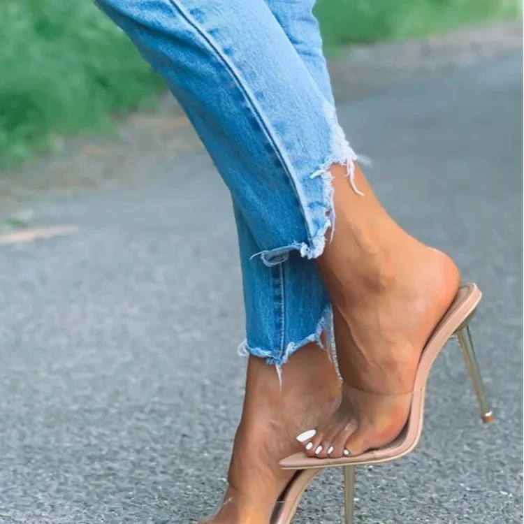 

NAUSK Plus Size 41 Women's Sandals Fashion Crystal Transparent Slippers Stiletto High Heels Pointed Peep Toe Shoes For Women