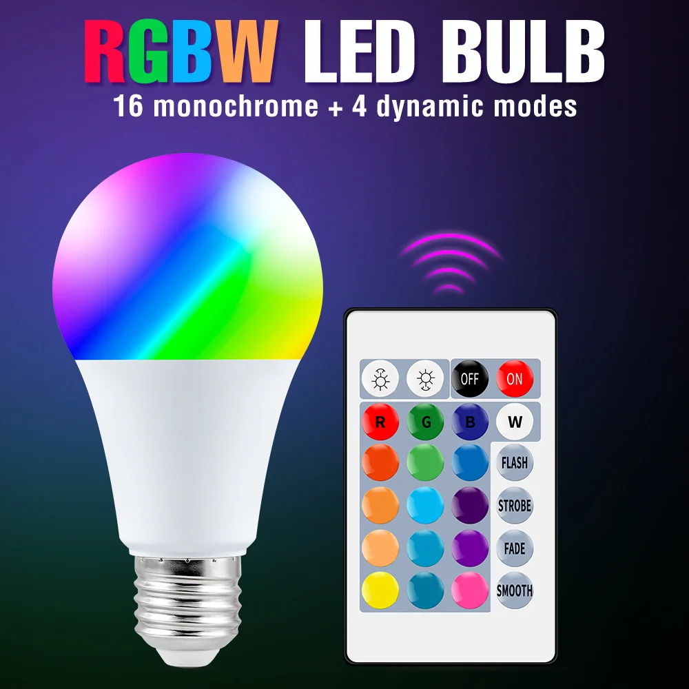 

Dimmable LED Lamp RGB+RGBW Smart Light Bulb E27 IR Remote Control Lamp Bulb 5W 10W 15W Change Color Party Bar Light 220V Ampoule