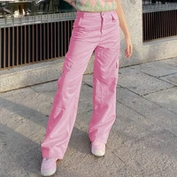 streetwear straight jeans women new style pink high waist loose mop cargo pants slimming multi pocket casual denim trousers wild