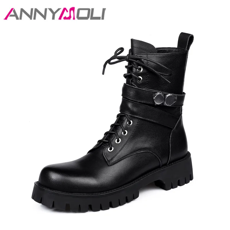 

Ботильоны ANNYMOLI из натуральной кожи на средней платформе со шнуровкой и заклепками