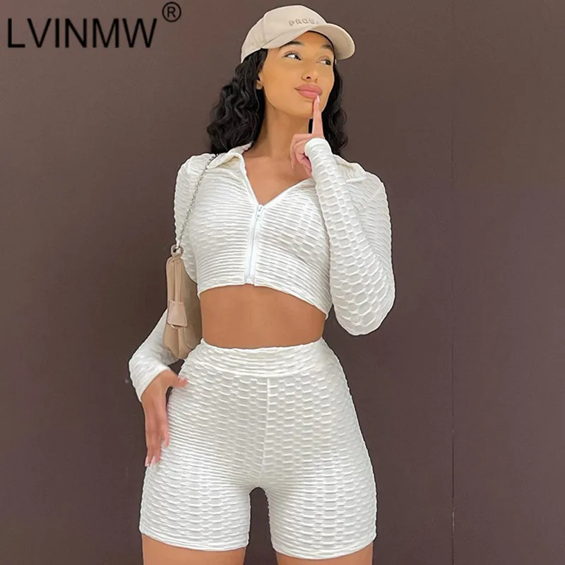 

LVINMW Shorts Sets Pure Color Slim Fit Casual Basic Gym Sports Suits Lapel Zipper Fly Long Sleeve Top Elastic High Waist Shorts