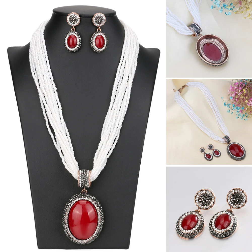 

Statement Boho Jewelry Set Red Stone White Beads Pendant Necklace Earrings Sets Ethnic Layered Choker Sweater Chain Collar Bibs